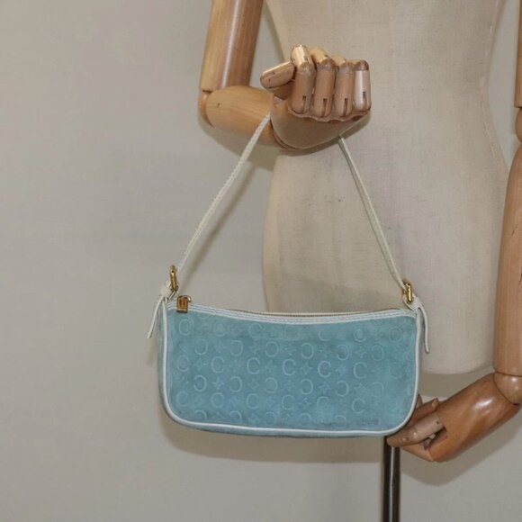 CELINE C Macadam Canvas Accessory Pouch Suede Light Blue Gold Auth 118180 - Picture 6 of 16